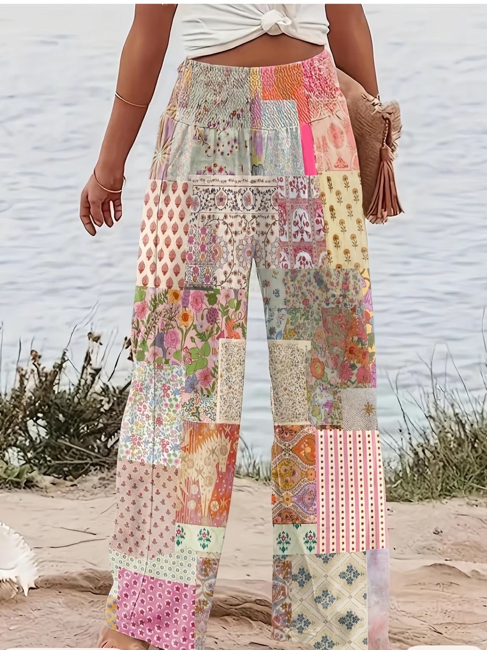 Patchwork Print Elastic Waist Trousers - Multicolor - Picture 3 of 3
